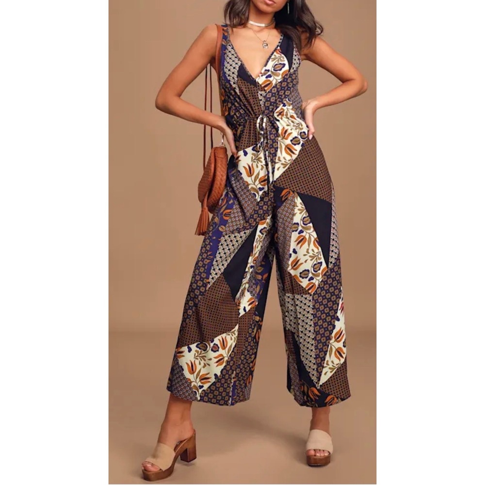 NWOT Lulus Bon Voyage Navy Blue Mixed Print Wide Leg Jumpsuit Slit Pants XS